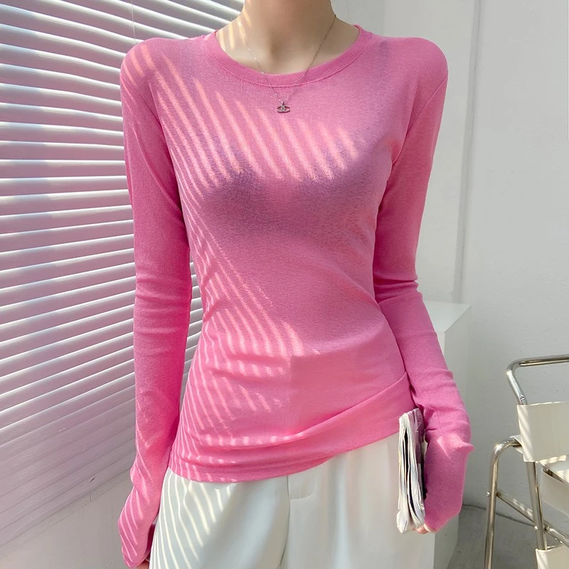 微透薄款网纱长袖内搭衣女粉色2025新款内搭冰丝修身T恤透视上衣