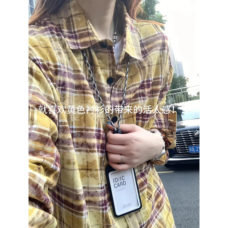 设计感扎染长袖格子衬衫男女春秋季黄色韩版网红时尚小众格纹衬衣