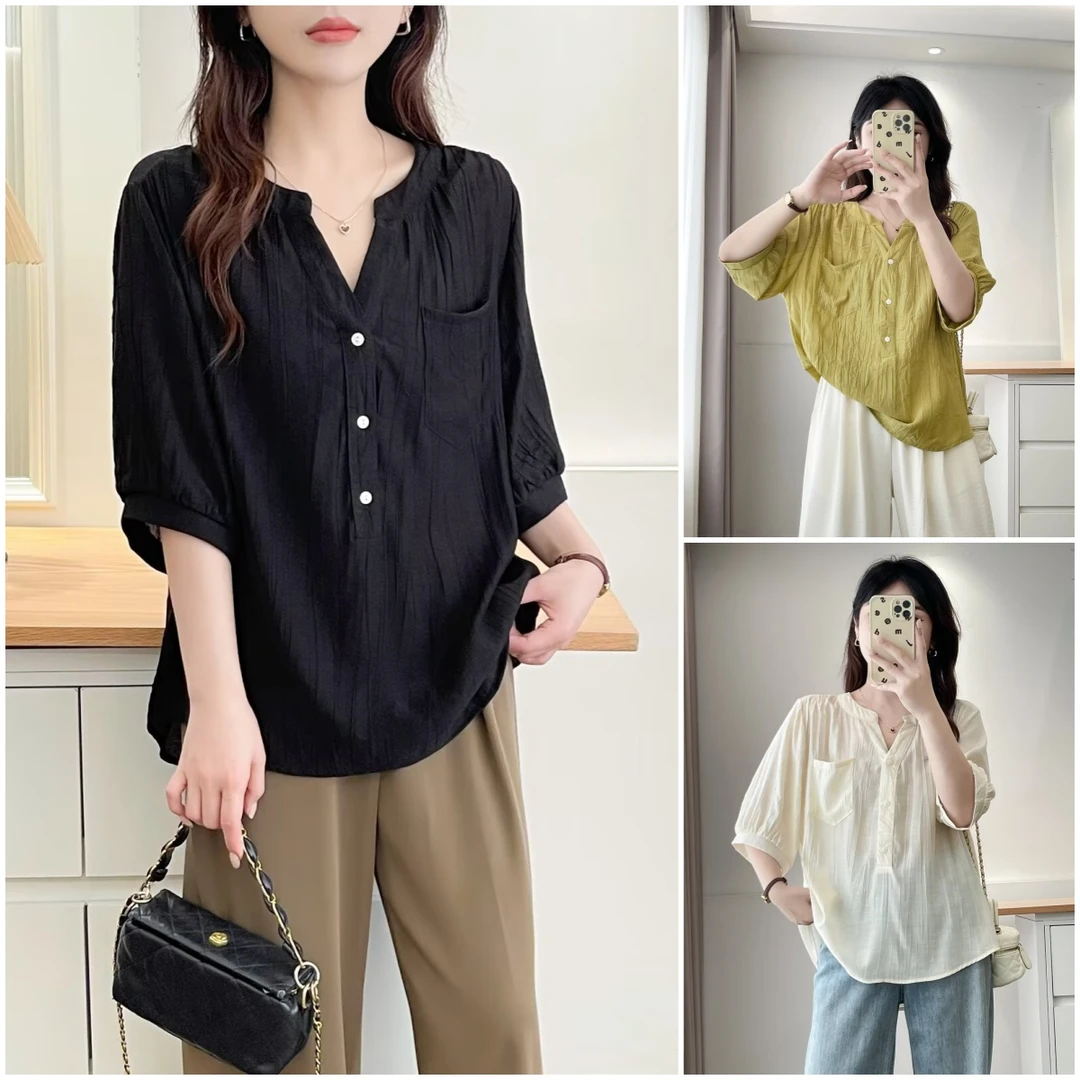 YANUJIAO/雅奴嬌大码遮肚宽松套头褶皱衬衫女夏季半袖V领显瘦纽扣