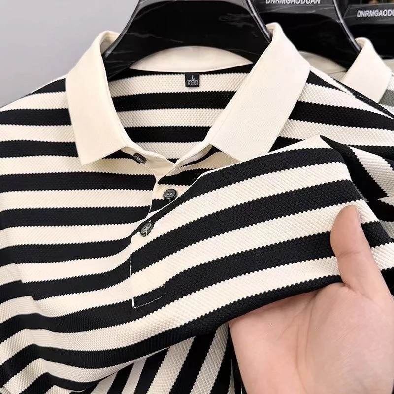 轻奢捡漏男士秋季polo衫半袖上衣翻领条纹条纹polo衫男纯棉
