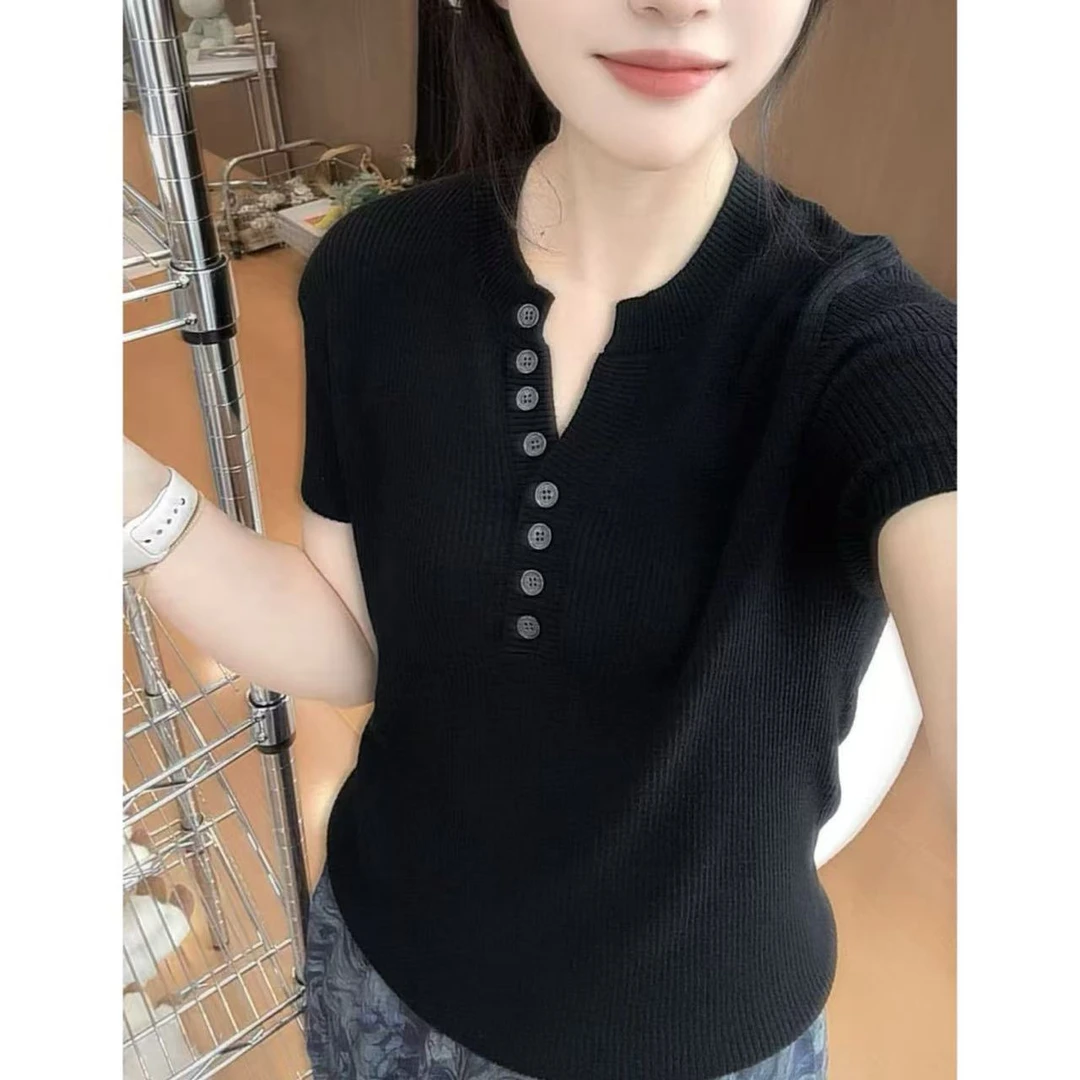 丽丽家~鸡心领黑飞袖显瘦时尚休闲百搭夏季修身上衣