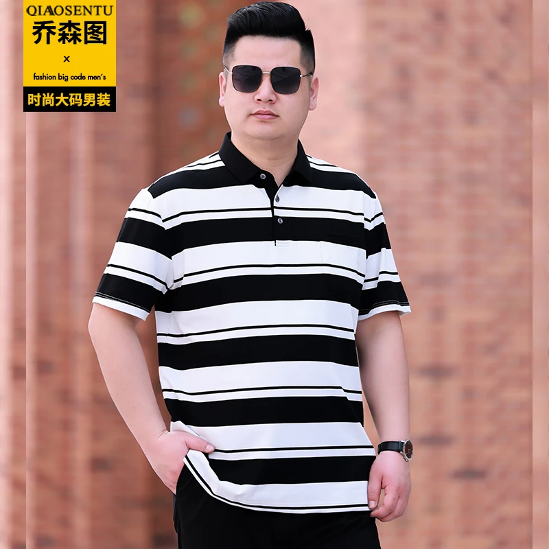 夏季新款男士休闲条纹翻领短袖POLO衫加肥加大码胖子宽松半袖t恤