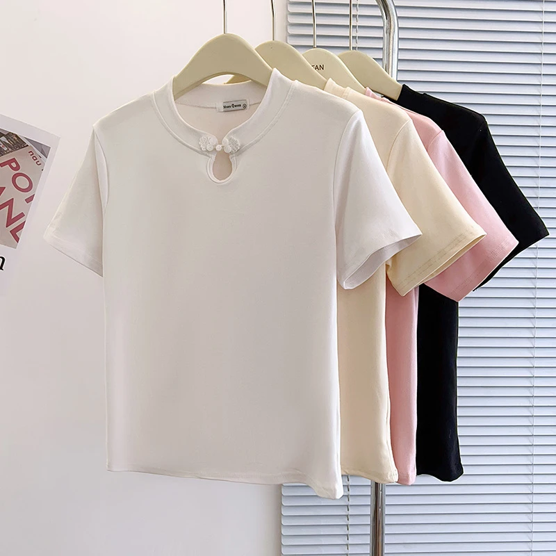 Moses Queen/魔西女王大码女装新款正肩盘扣短袖t恤遮肚显瘦上衣