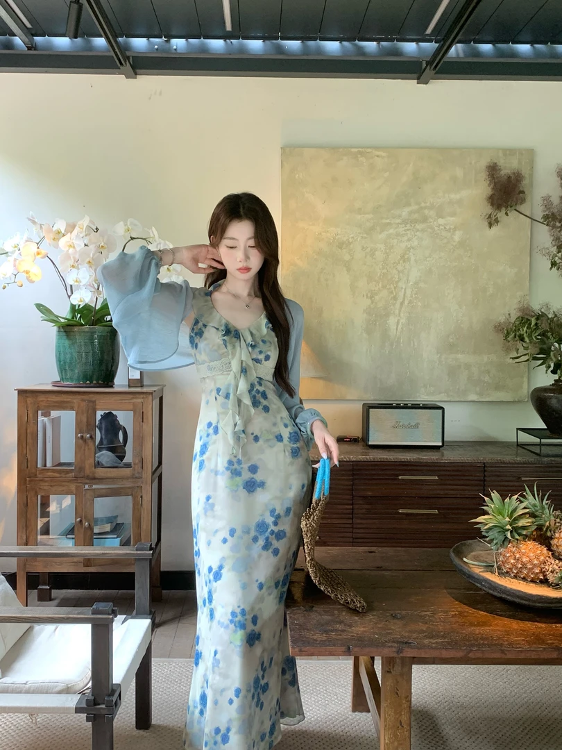 EIA一尧【南法之境】复古明媚气质荷叶边碎花连衣裙显瘦法式女人裙