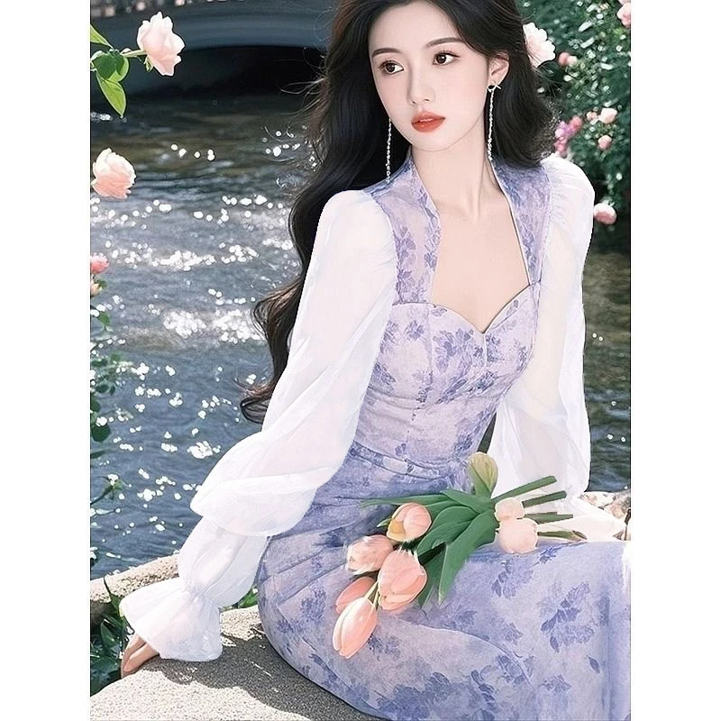 2025年新款晕染蓝紫色印花长裙气质雪纺连衣裙显瘦裙子温柔法式