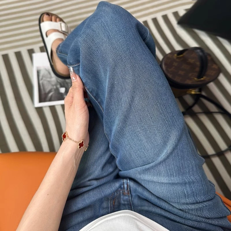 超软莱赛尔天丝牛仔裤女夏轻薄款高腰垂感浅蓝色窄版冰丝直筒阔腿
