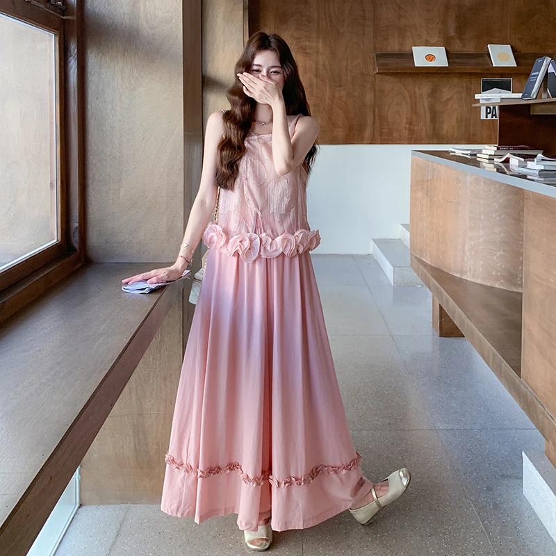 粉色甜美套装女夏2025新款巨好看的盘花拼接无袖上衣阔腿裤两件套