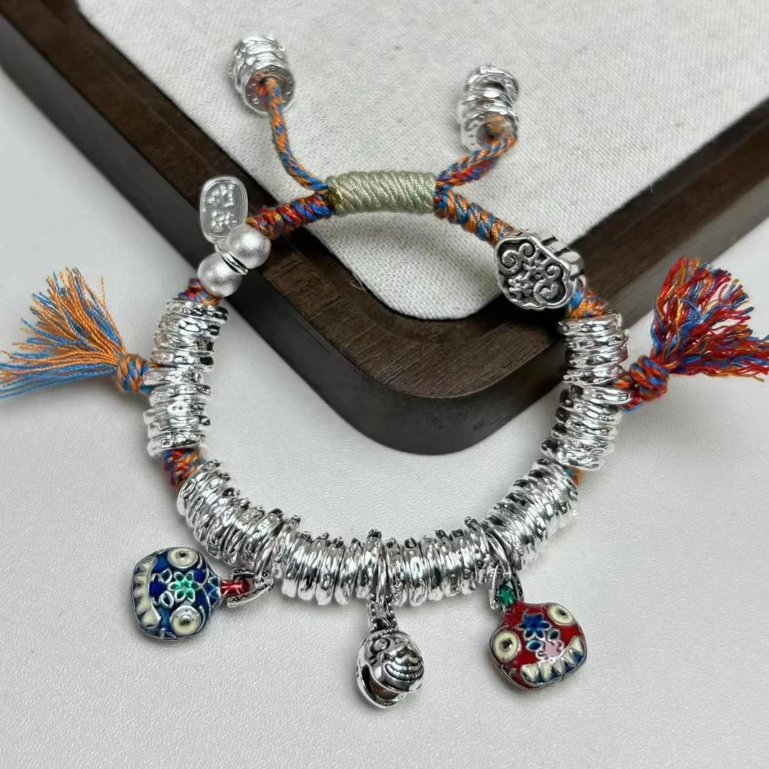 足银手链 吞金兽纯银盘缠蓝手链女实心999足银好运招财男女生手绳