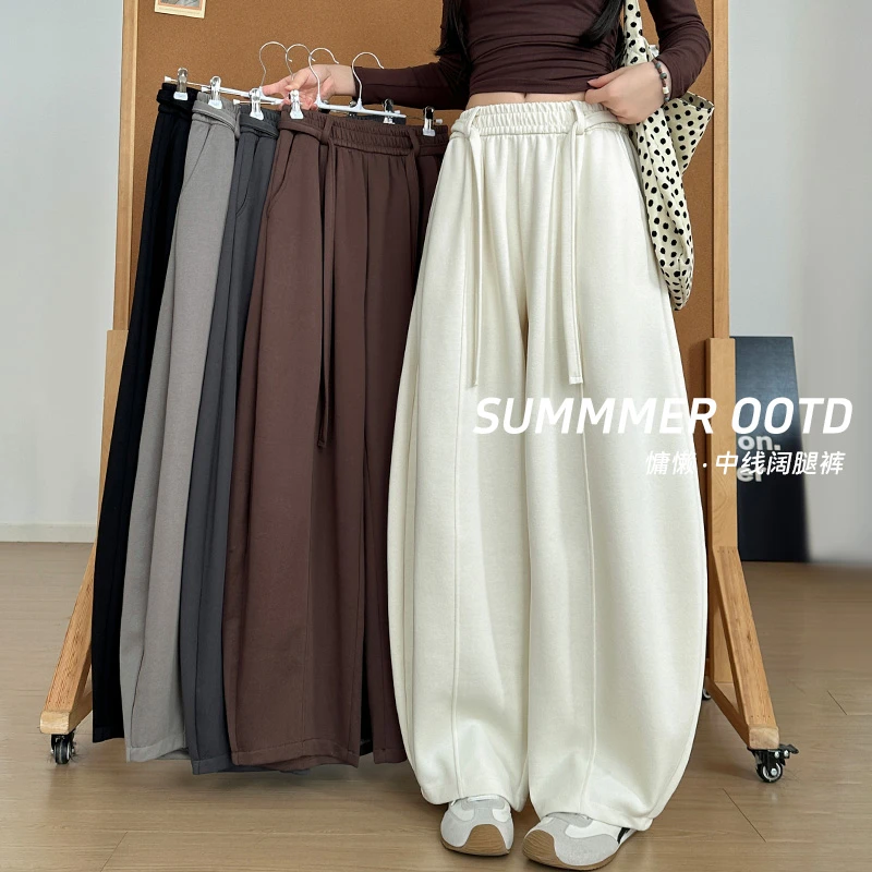 高品质棉中线弯刀裤女琥珀流光风高腰美式抽绳休闲阔腿加绒卫裤