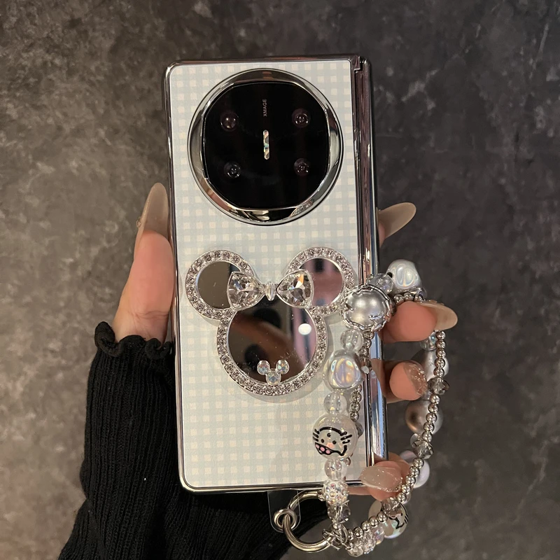 韩系蓝格纹立体闪钻米妮补妆镜适用华为mateX6折叠屏手机壳MateX5