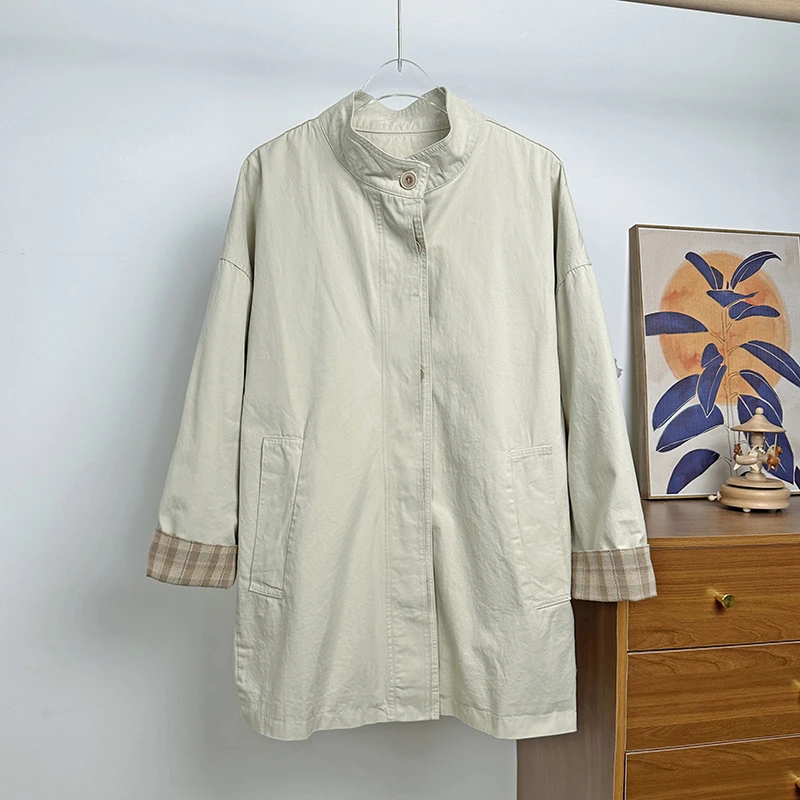 [醒目]春款小立领袖口拼接宽松韩版中长款风衣外套