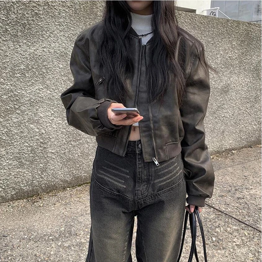 尺寸已更新法式帅气做旧翻领拉链宽松百搭BF风机车服PU皮衣短外套