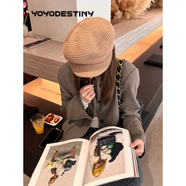 YOYO DESTINY2025增高颅顶显脸小黑色草编贝雷帽女春夏透气贝雷帽