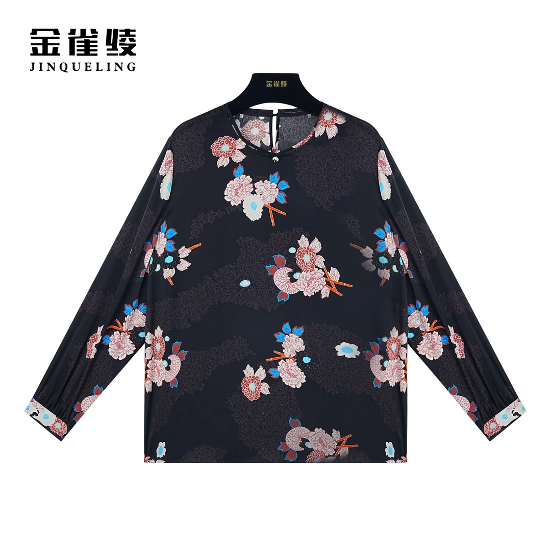 金雀绫【兰亭花絮】桑蚕丝时尚休闲圆领印花衬衫SZ4S26