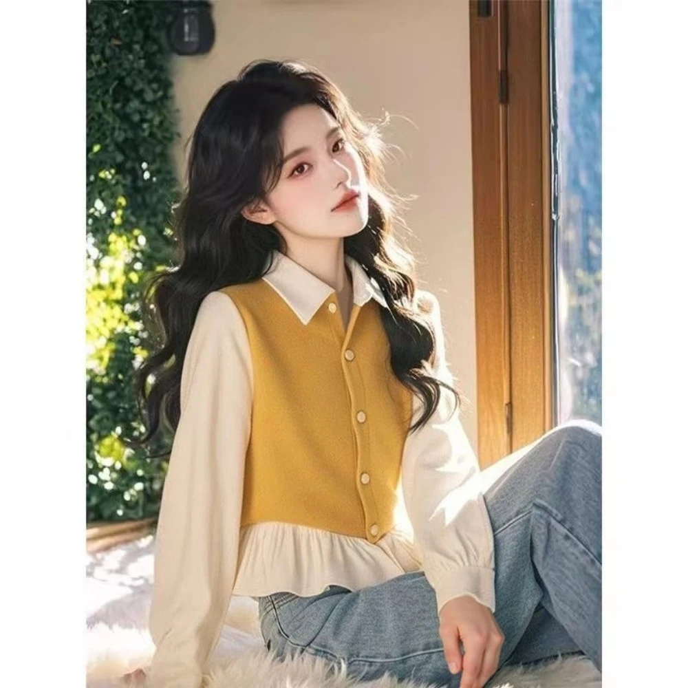 2025秋新款粉色假两件荷叶边衬衫女款韩系穿搭绝美洋气减龄上衣