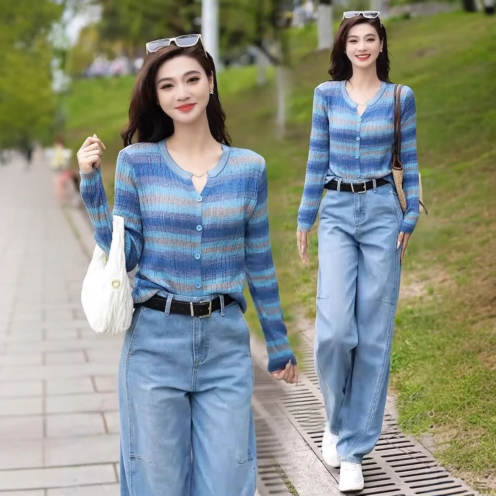 时尚彩虹条纹长袖针毛针织衫女2025春季新款减龄显瘦休闲百搭上衣