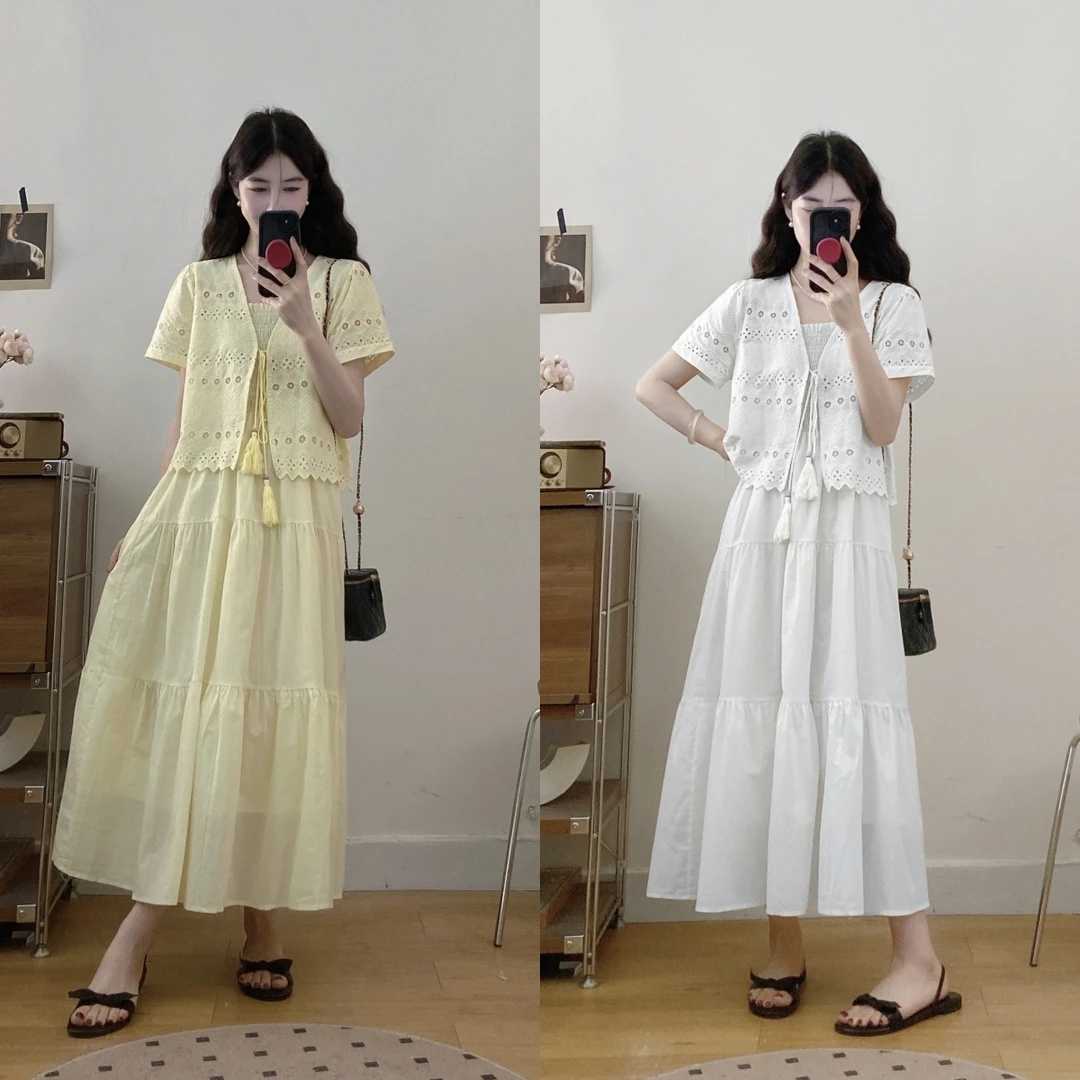 大码女装新款显瘦连衣裙＋钩花外搭披肩叠穿裙子套装两件套