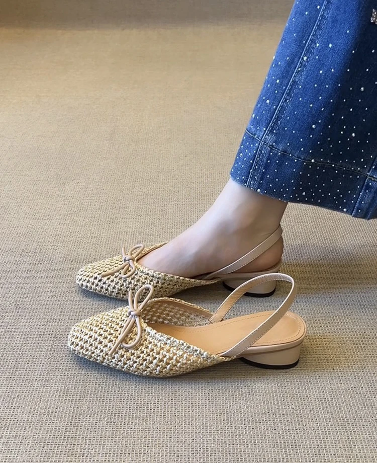TTY-633-3法式气质ins编织蝴蝶结后空凉鞋2025年温柔风方头单鞋