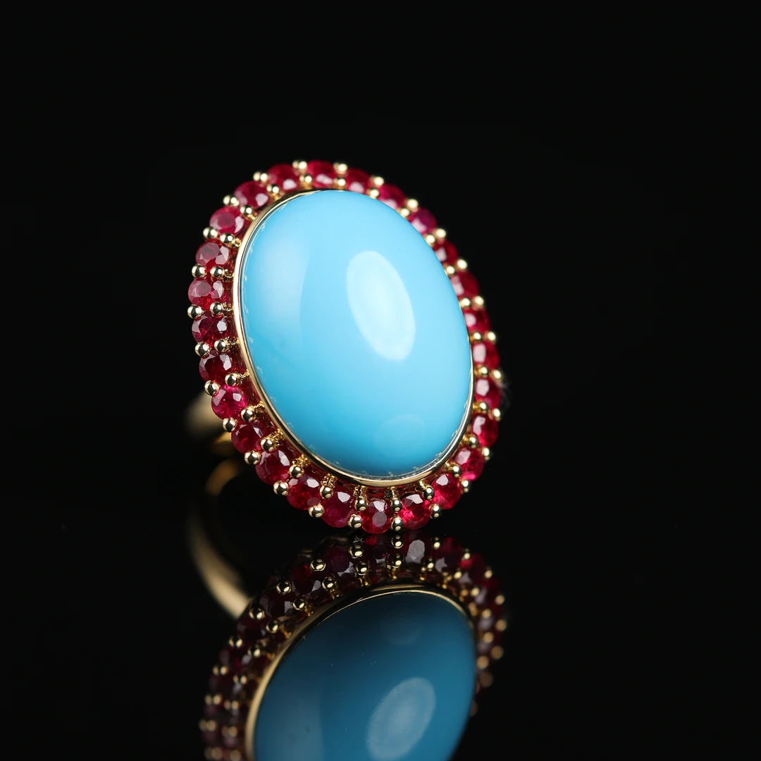 一团和气 | 传承臻品高色天空蓝大蛋面绿松石戒指（备注圈口）