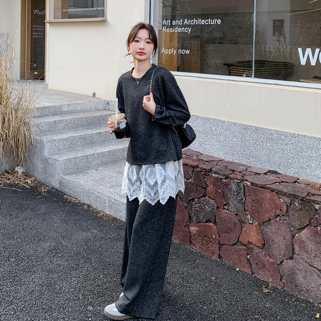 蕾丝拼接上衣阔腿裤套装女春秋2025新款小香风韩系穿搭休闲三件套