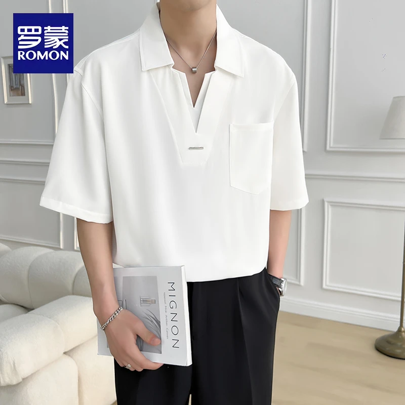 罗蒙假两件轻熟风中袖衬衫男款冰丝凉感休闲宽松薄款夏季潮牌上衣
