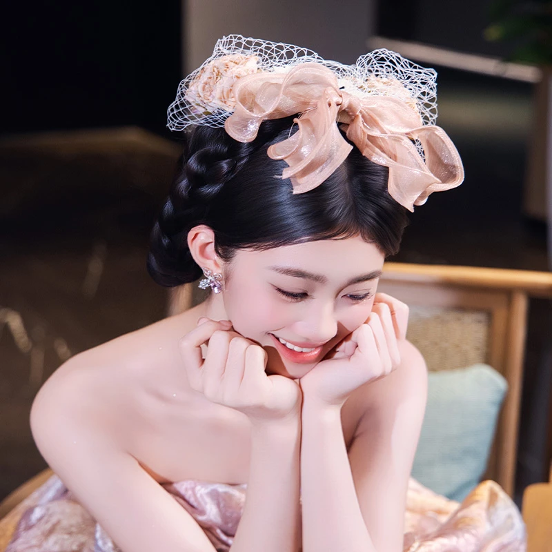 非金属布艺婚庆饰品 新娘头饰森系发饰莫奈花园粉玫瑰礼帽MC3424