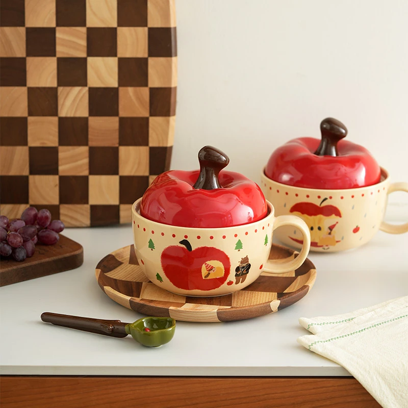 肆月嫣红苹果泡面碗个人专用高颜值汤碗陶瓷大碗带盖2025新款家用