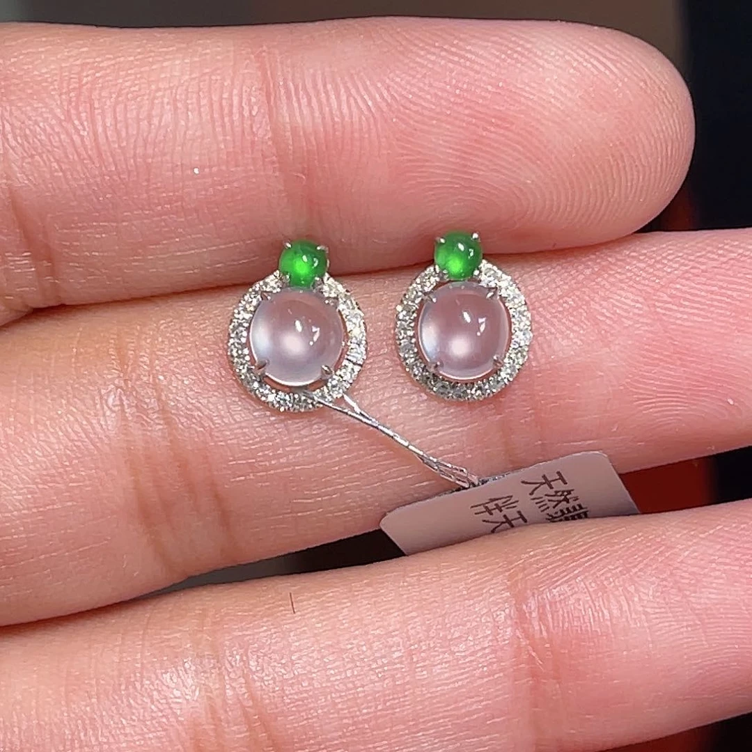 翡翠18K金镶嵌耳饰莫***儿蛋面