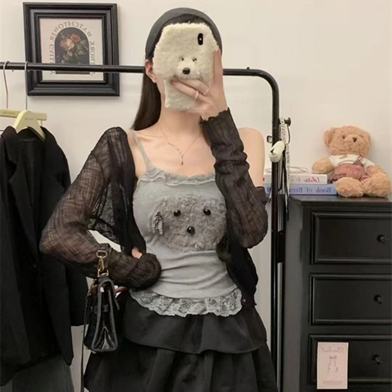 纯欲卡通高级设计小吊带背心女带胸垫蕾丝边法式辣妹修身正肩上衣