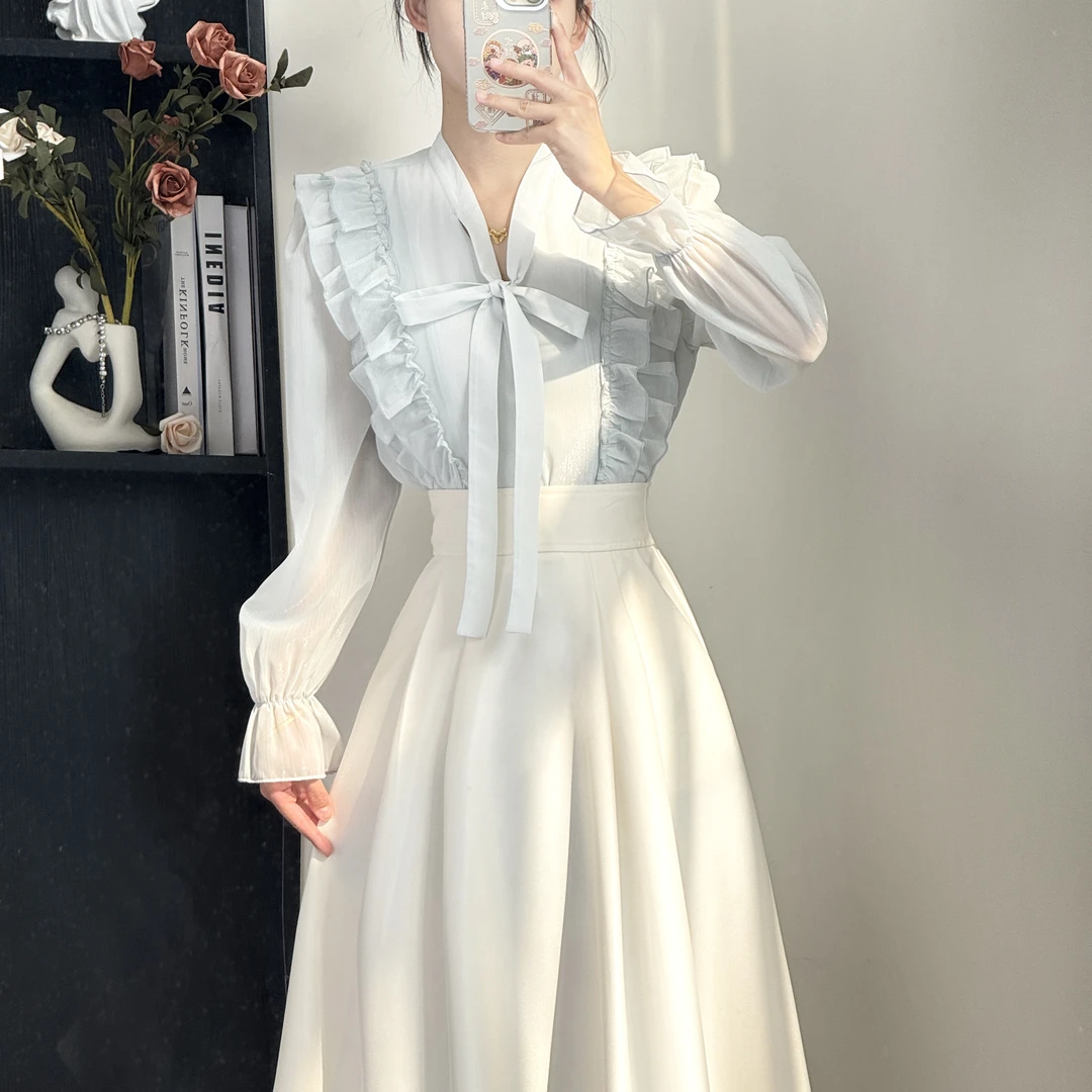 拉夏贝尔/25年夏新法式轻奢荷叶边仙女显瘦衬衫+半身裙 10375 LSC