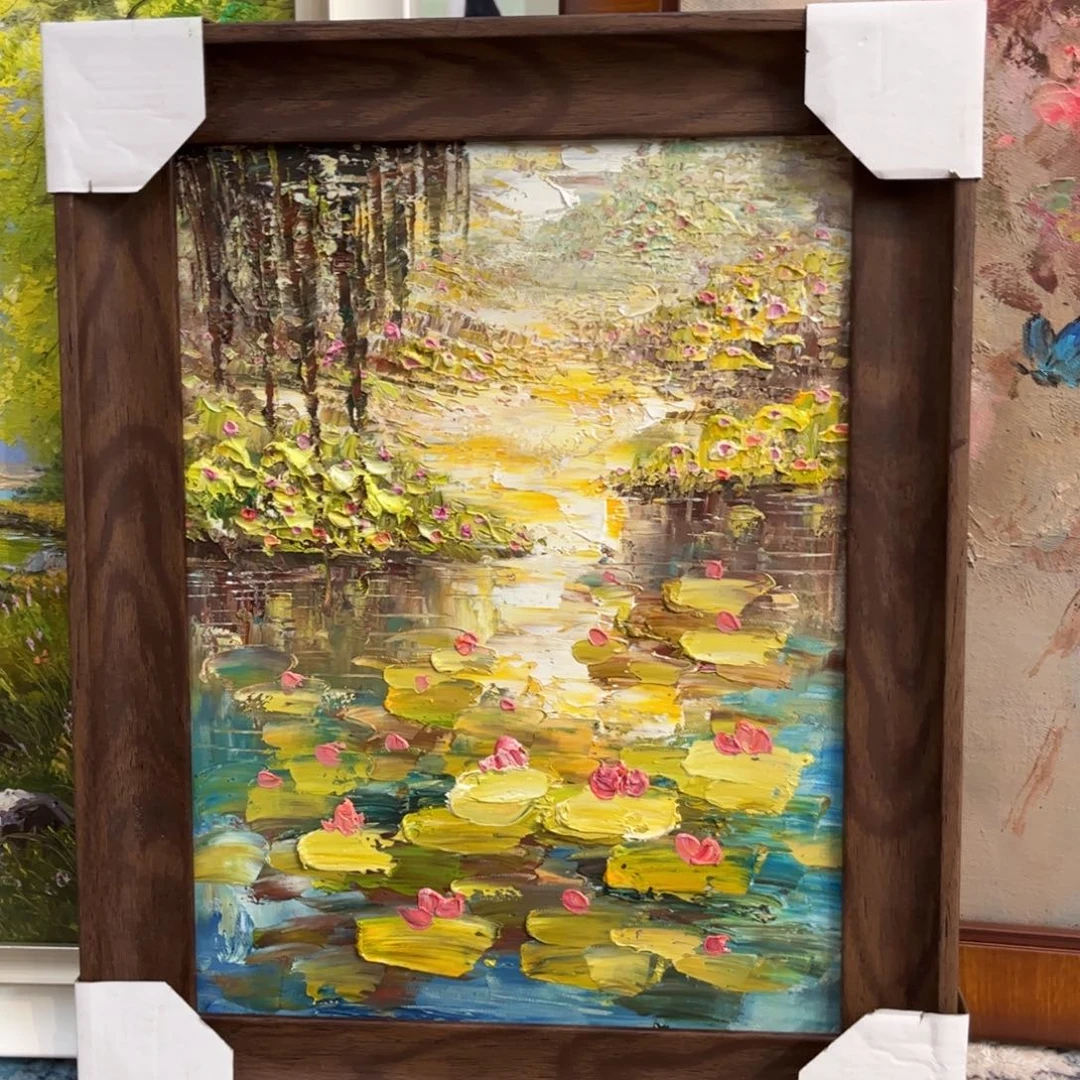 油画睡莲手绘油画带框40×50