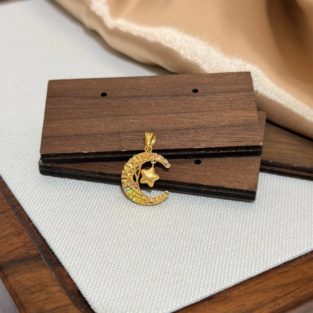 阿敏-F【拉丝幻彩星月吊坠】足金999精工吊坠