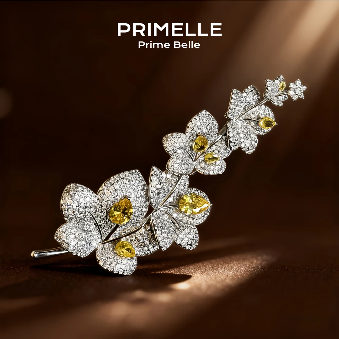 铜莫桑石胸针 初雅PIN-珠宝系列【流光叶语】设计师款铜镀金胸针