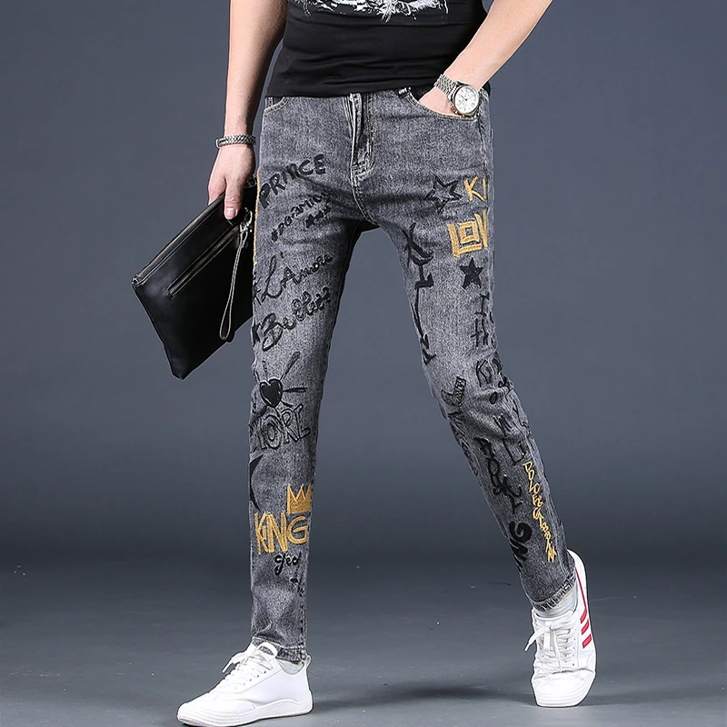 Cebrodz男士牛仔裤潮牌高端刺绣修身小脚中青年潮流印花时尚长裤