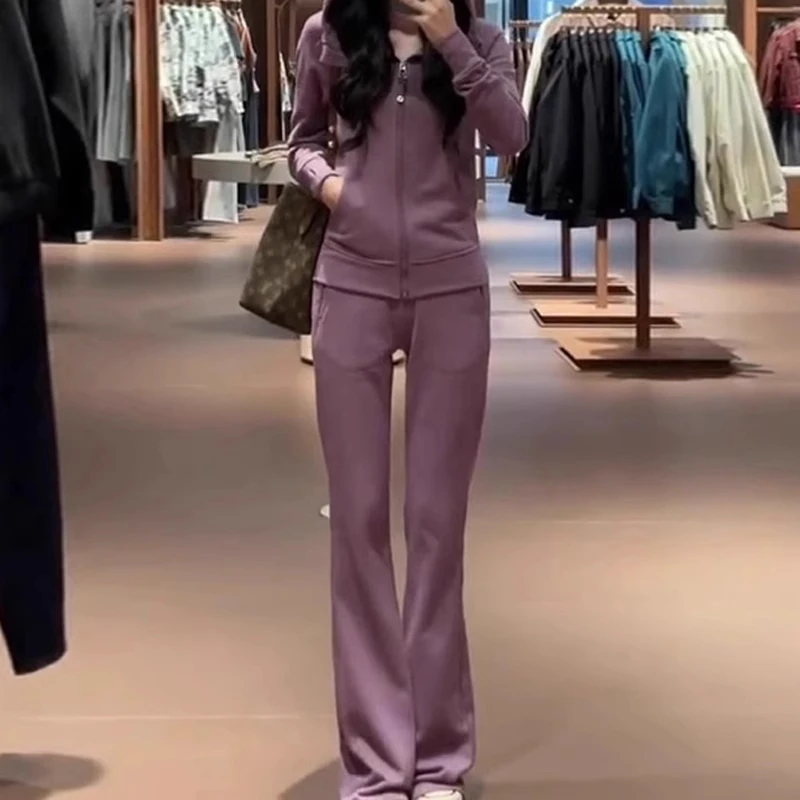 拉夏贝尔休闲运动套装女2025春秋新款时尚连帽卫衣微喇裤两件套潮