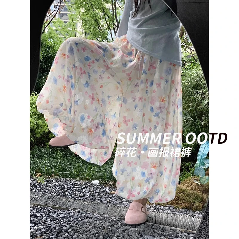 彩色花苞阔腿裤女夏季薄高腰垂感小个子碎花休闲冰丝裙裤2025新款