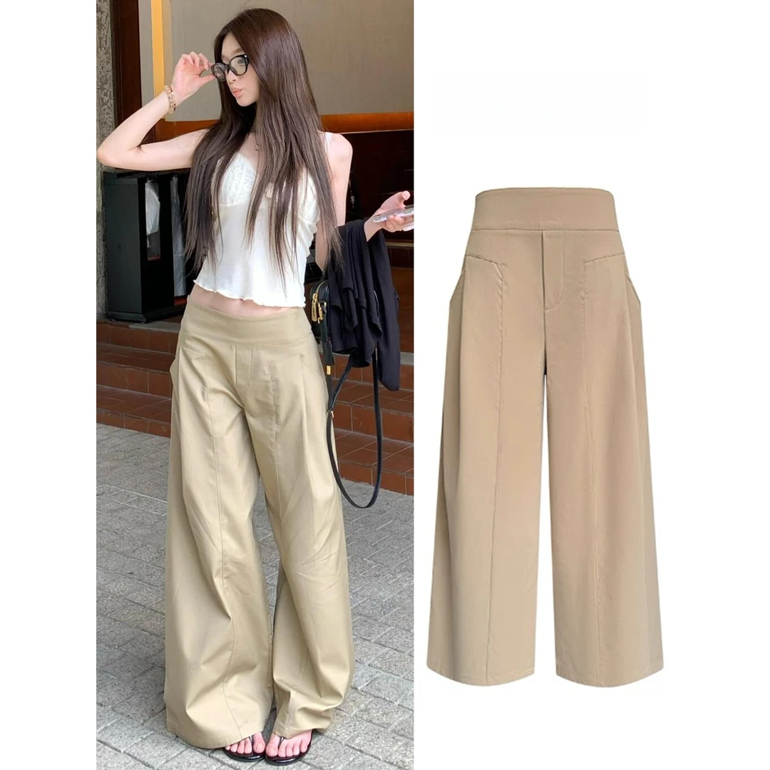 日系卡其色休闲阔腿裤女夏季薄款高腰显瘦宽松慵懒风直筒拖地长裤
