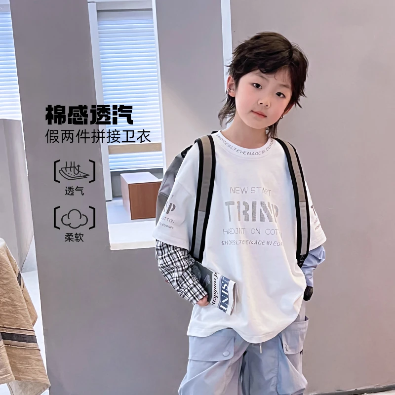 新品中大童男童T恤长袖假两件儿童春季韩版撞色上衣潮t 503763O8