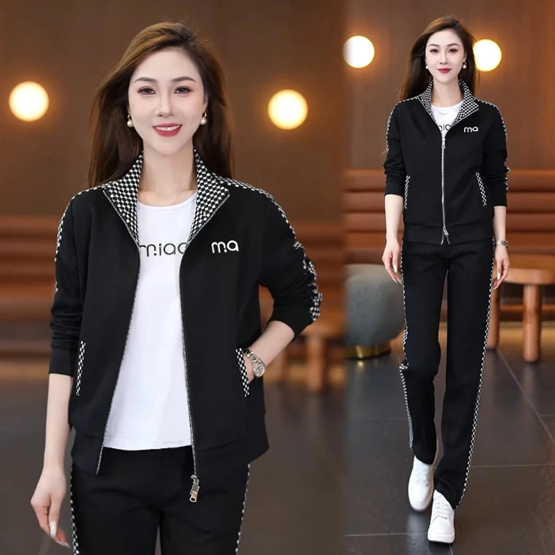 2025春季新款女休闲运动套装减龄时尚宽松洋气格子拼接春秋两件套
