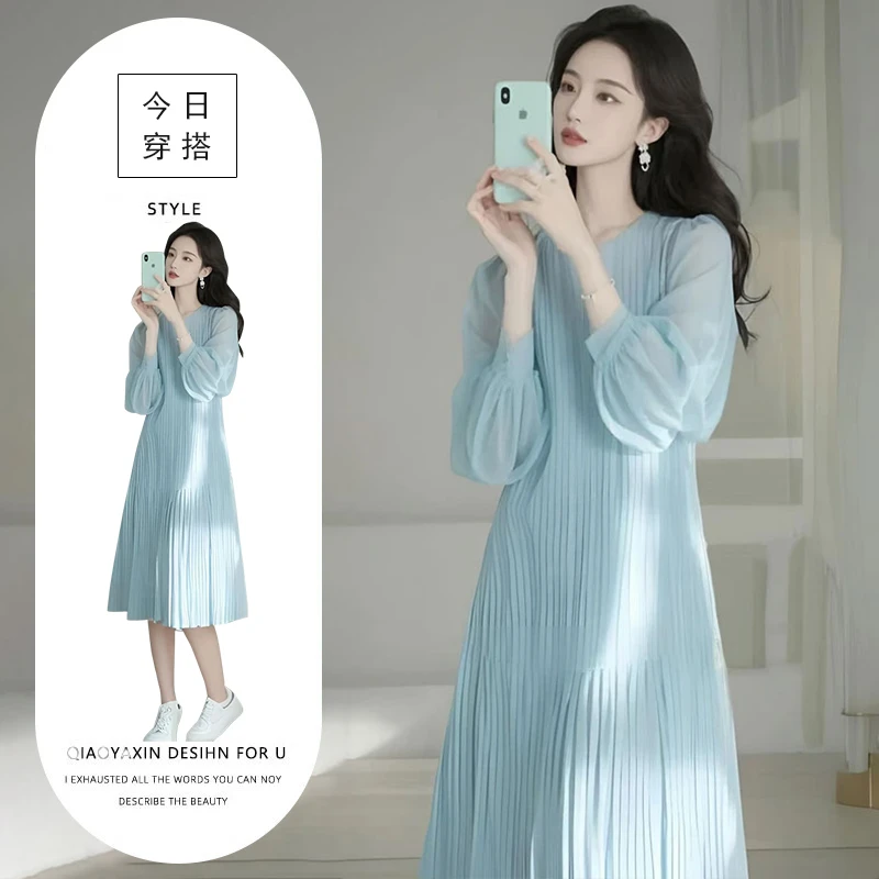 春秋新款法式气质名媛女神高端精致高级感超好看温柔风蓝色连衣裙