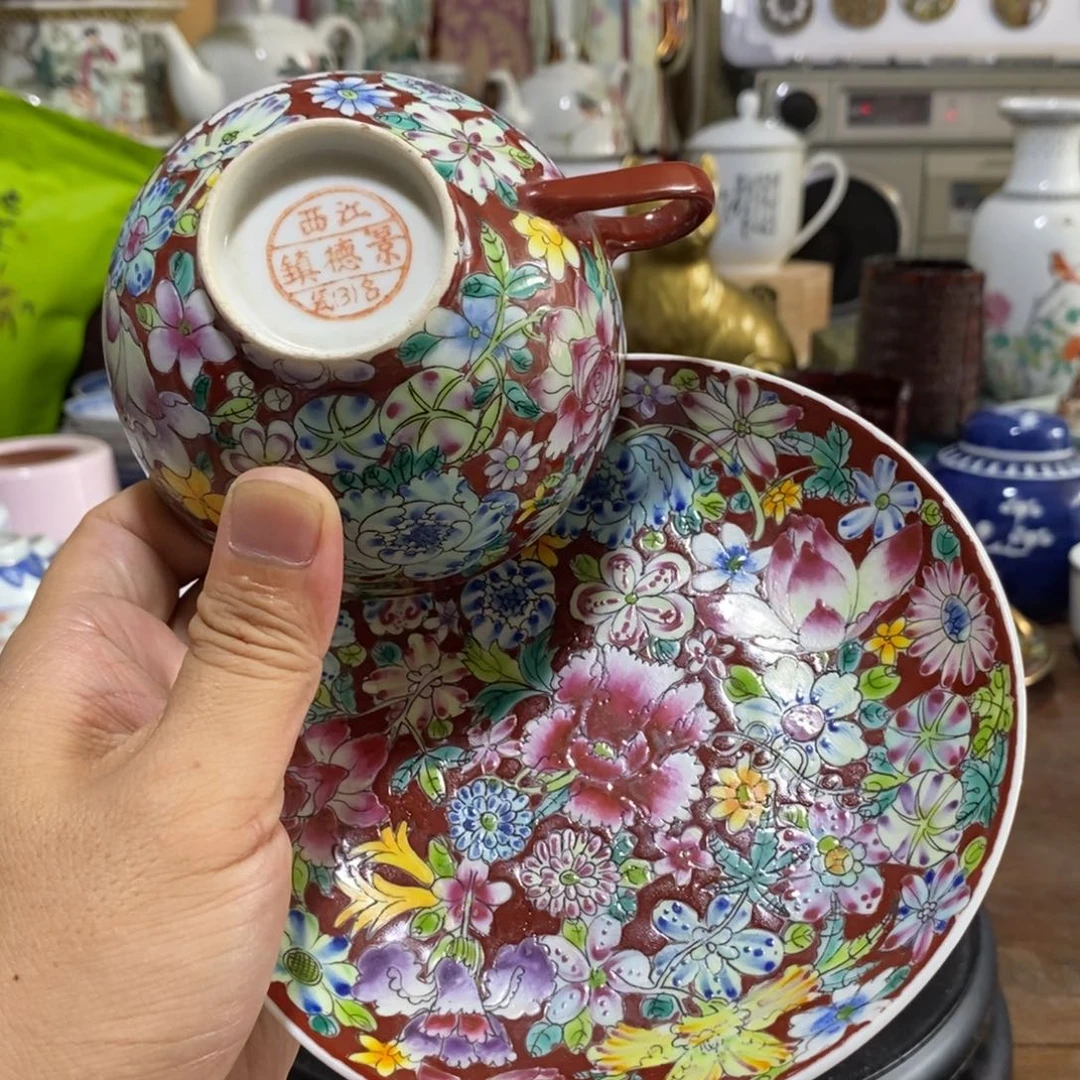 摆件外销圆章款辣椒红百花杯碟