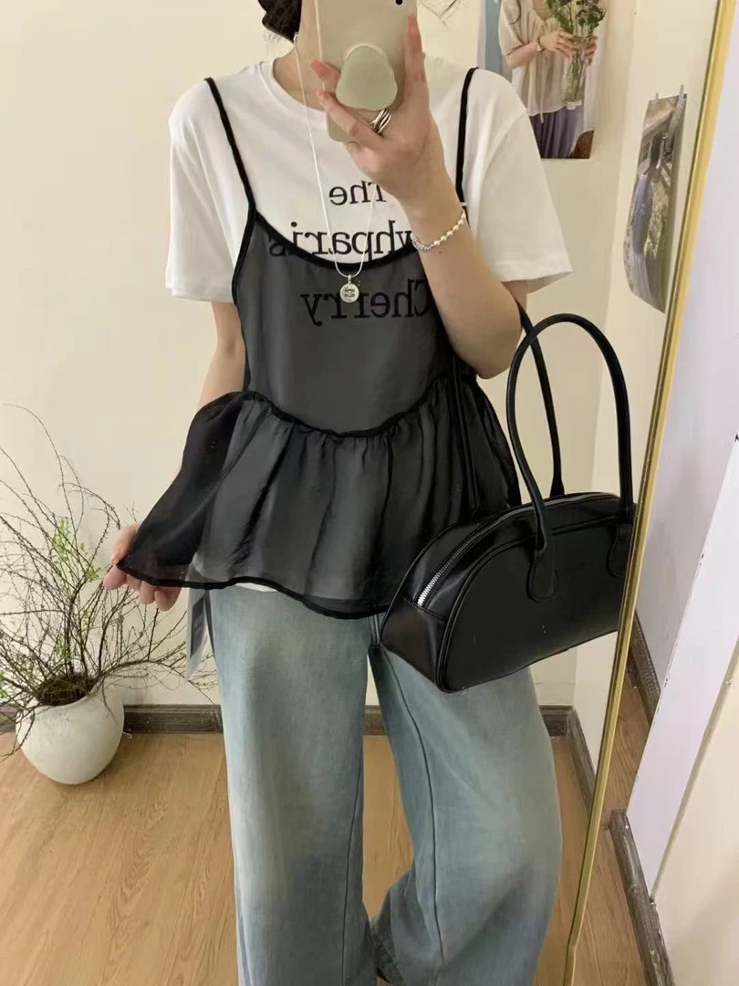 小孟~夏季字母短袖搭配网纱两件套T恤99807