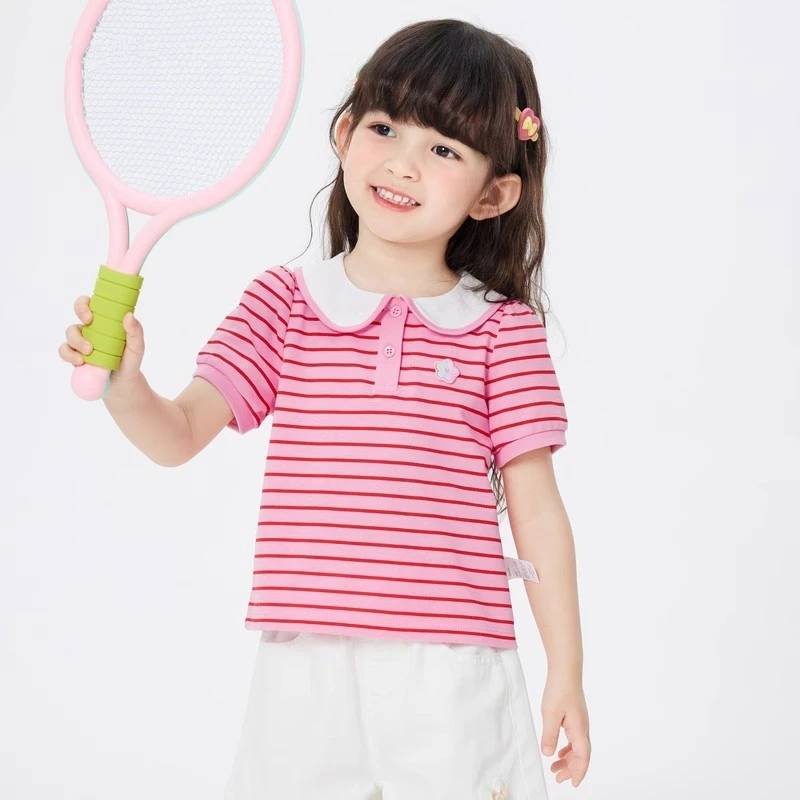 儿童短袖t恤女童夏装2024新款宝宝条纹上衣娃娃领洋气可爱