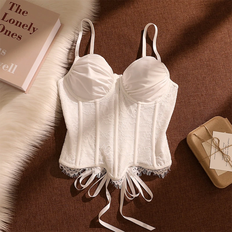 法式白色蕾丝鱼骨吊带背心女内搭纯欲辣妹美背高级感束腰抹胸上衣