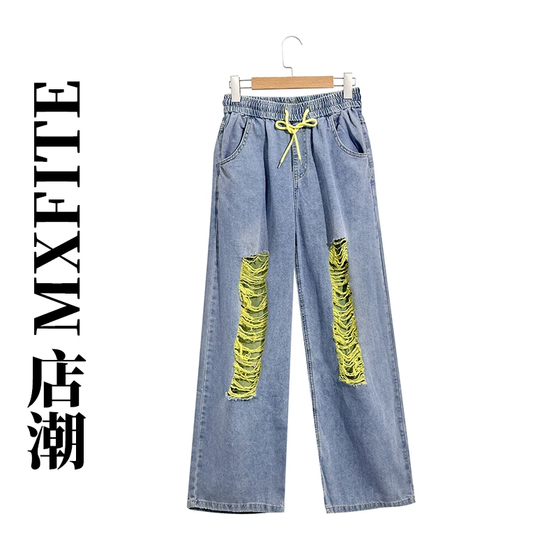 十三姨直筒裤拼接做旧春季宽松紫色长裤c50670