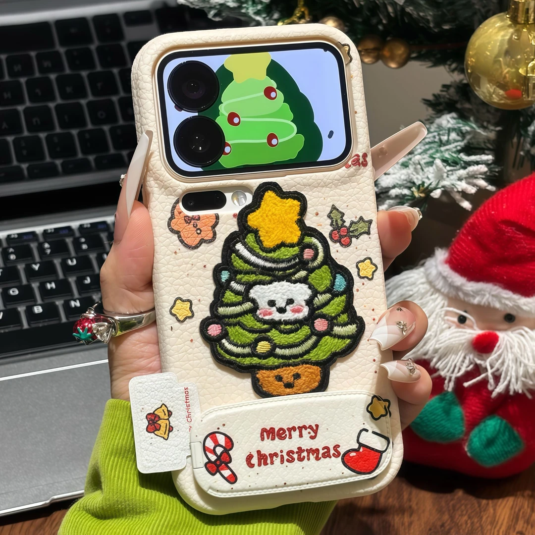 刺绣圣诞树小狗支架适用苹果17/16手机壳华为vivoppo小米15一加13