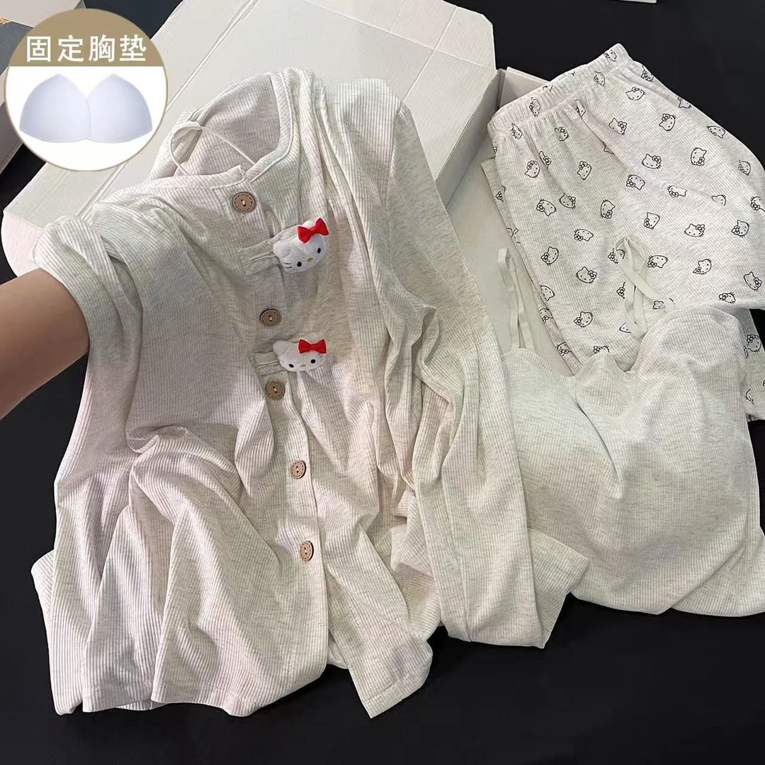 带胸垫白灰KT猫睡衣女款春秋夏季莫代尔吊带长袖长裤三件套家居服
