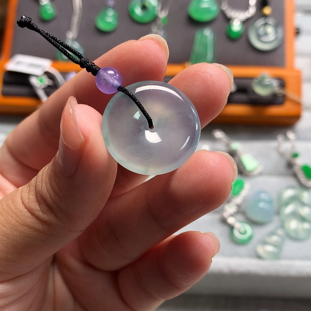 翡翠裸石冰蓝飘花平安扣