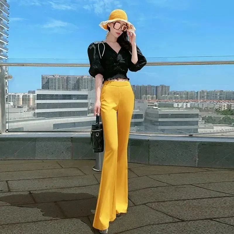 早秋薄款气质高腰修身微喇裤气质名媛风外穿休闲女士百搭垂感长裤