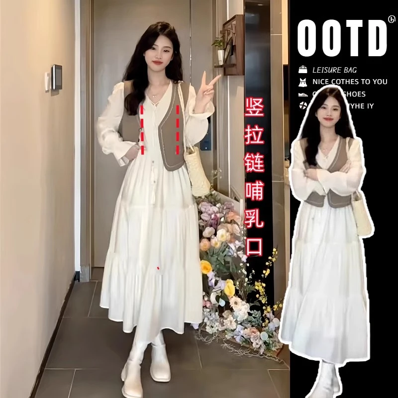 春秋季哺乳衣外出辣妈款产后穿喂奶衣服法式喇叭袖哺乳连衣裙套装